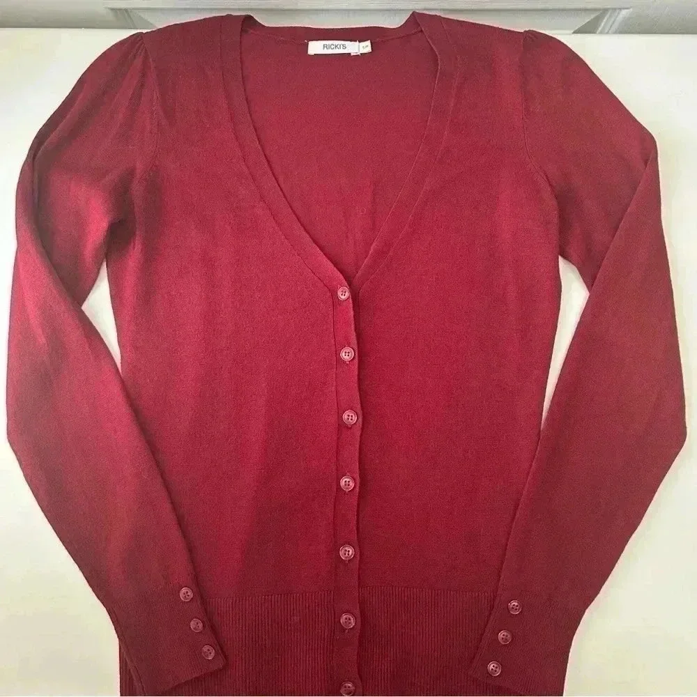 Ricki’s Burgundy Cardigan V Neck Button Front Fitted Size Small - Picture 14 of 16